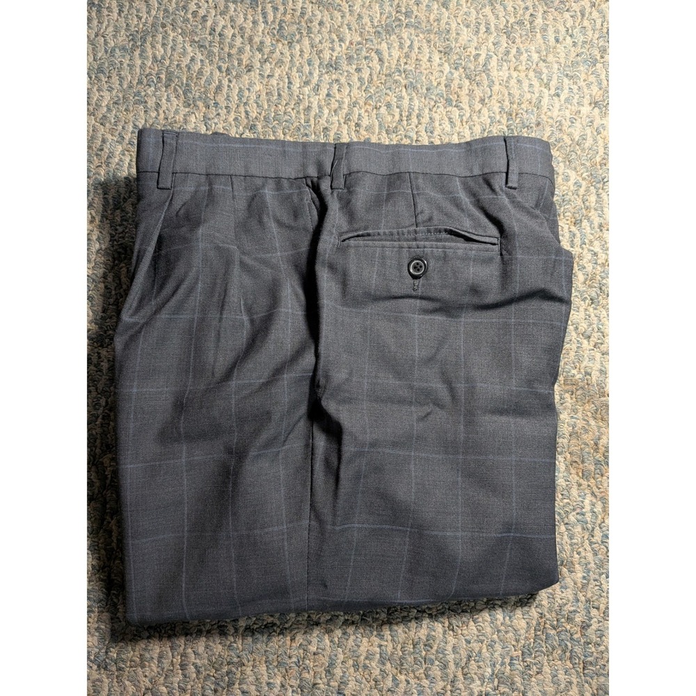 Mens Pleated Windowpane Plaid Dress Pants Charcoal Gray Cuffed Trousers 37x27.5